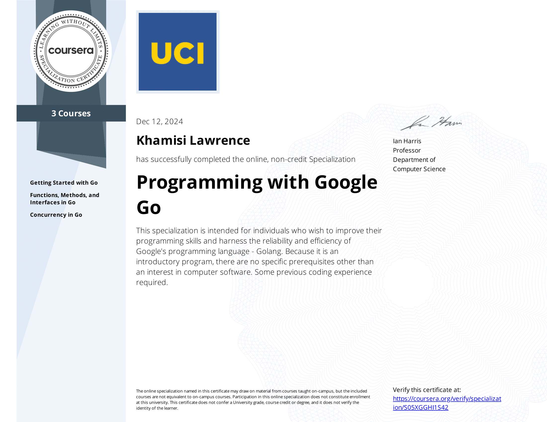 Image of Programming with Google Go Specialization Certificate
