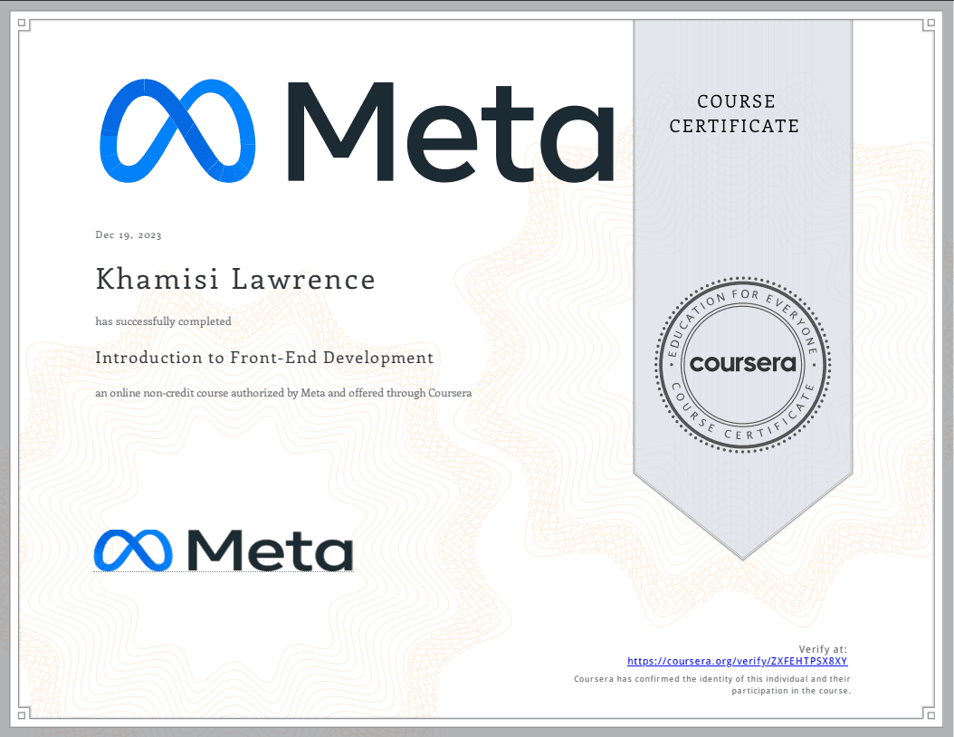 Image of Meta Introduction to Front-End Development Course Certificate